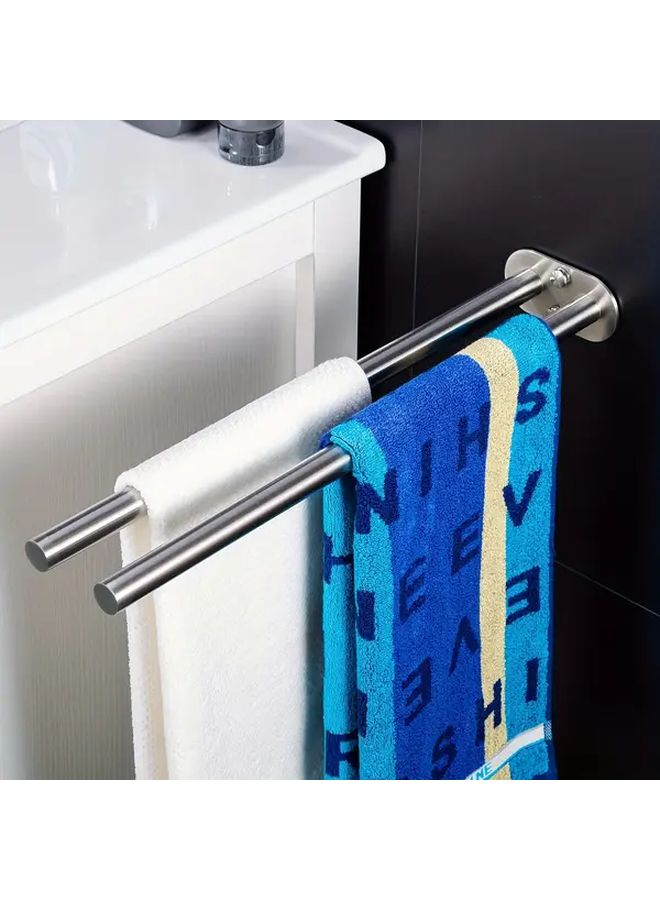Stainless Steel Double Rod Towel Rack Silvery Wall Mounted Bathroom Shelf - Image 1